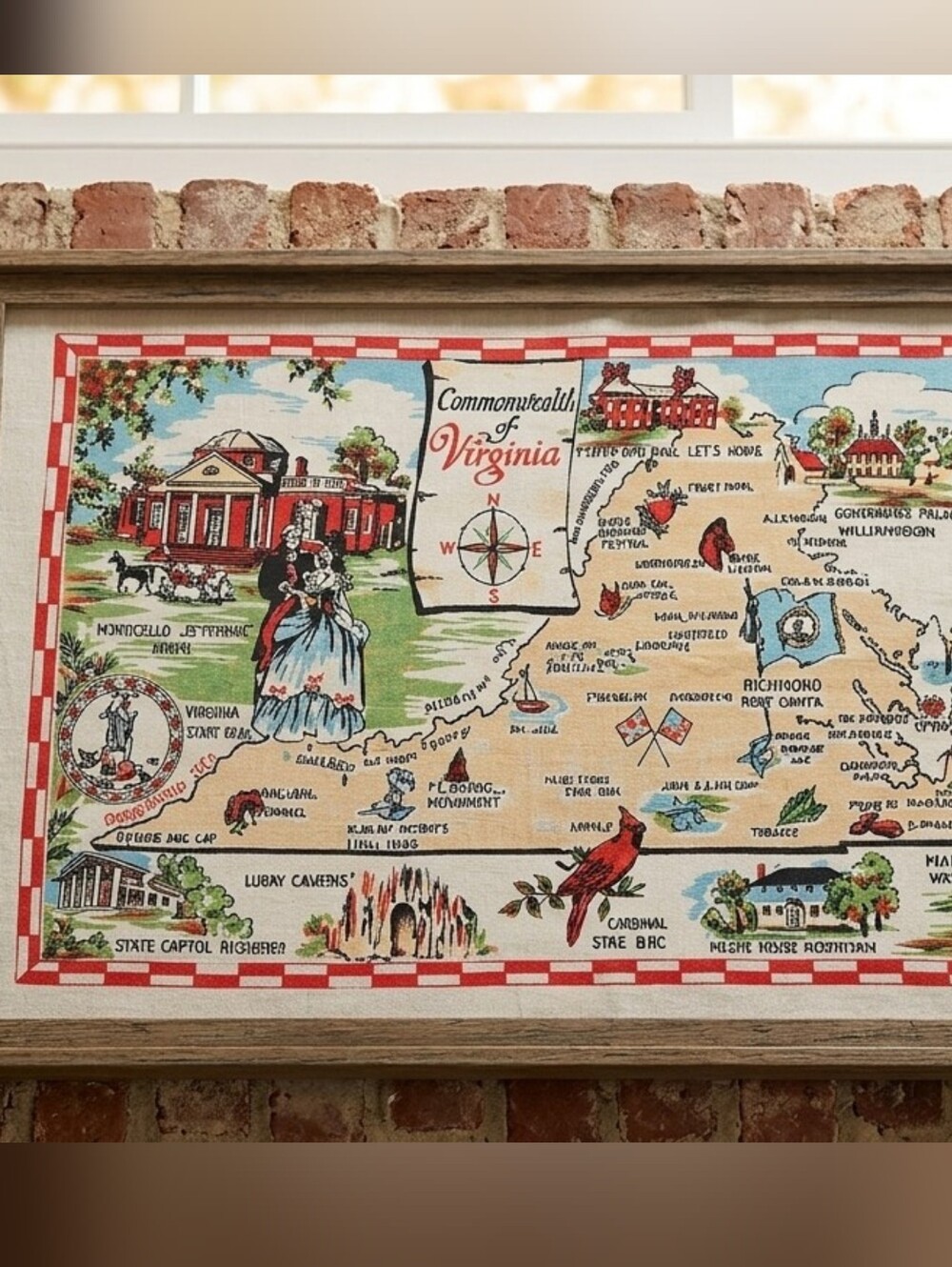 Vintage Commonwealth of Virginia Souvenir Tea Towel - State Landmarks Map